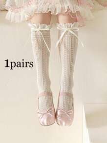 1 Pair Lace Edge Ankle Length Socks, Hollow Out Calf High Socks With Bowknot, Lolita Ballet Style, Thin Fabric, Spring/Summer