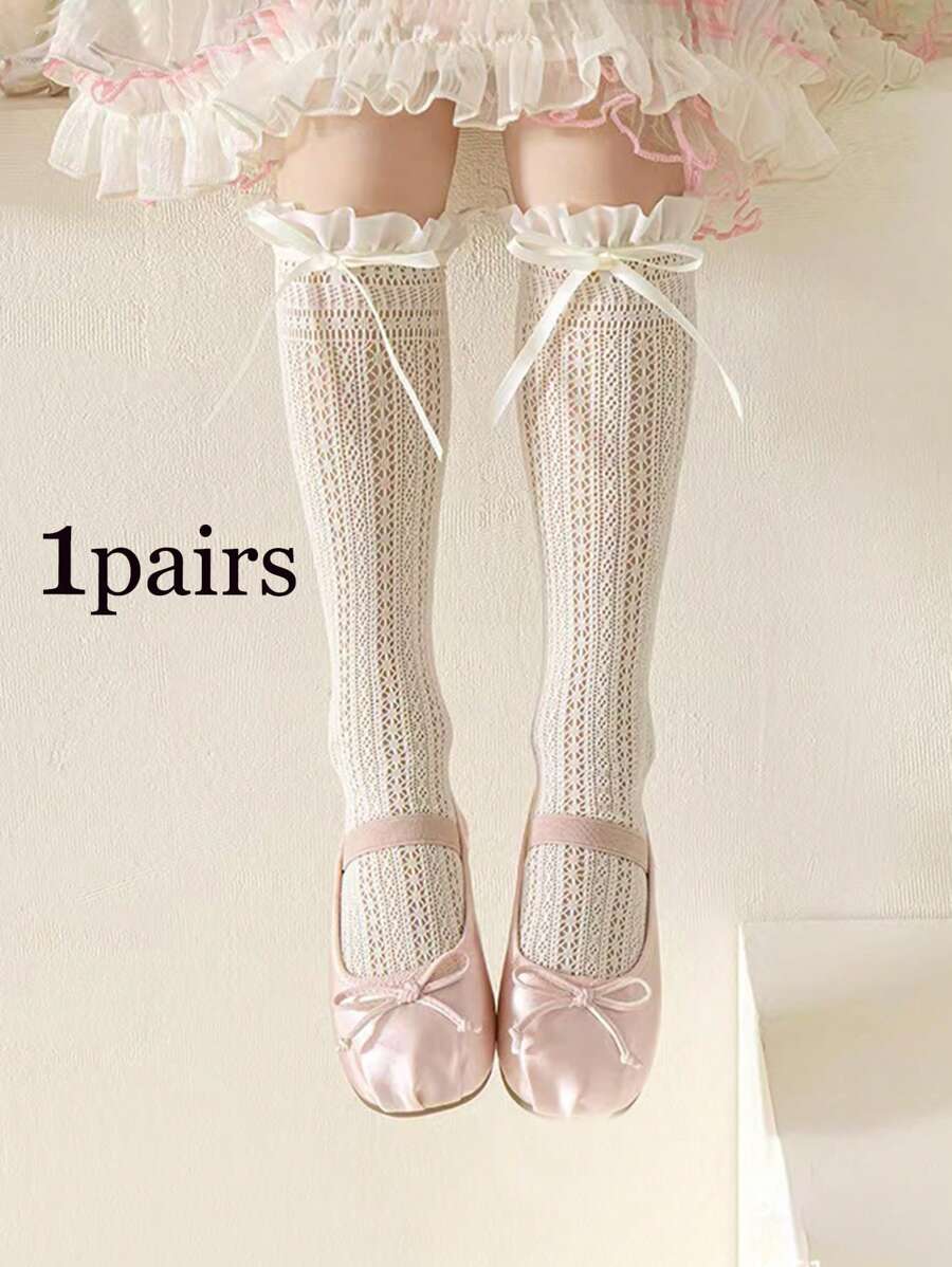 1 Pair Lace Edge Ankle Length Socks, Hollow Out Calf High Socks With Bowknot, Lolita Ballet Style, Thin Fabric, Spring/Summer