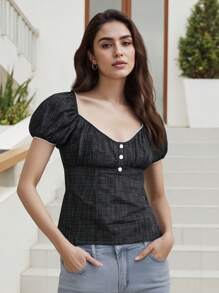Women Plaid Tops Slim Button-Up V Neck Puff Sleeve T-Shirt Casual Summer Streetwear