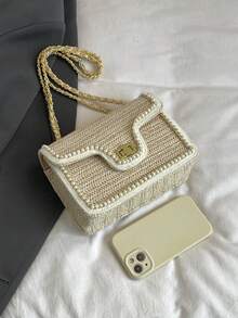 Fashionable Pearl Design Straw Shoulder Bag, Small Square Beach Vacation Handbag - Beige - View 6