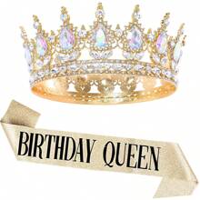 Kit de fiesta de cumpleaños con rhinestones, corona de oro tipo tiara, faja de "Reina de Cumpleaños" para mujeres, accesorios para el cabello de feliz cumpleaños, regalos para baile de promoción, decoraciones