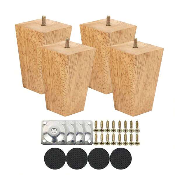 4 Packs Tapered Furniture Legs With Hardware, Solid Wood Sofa Legs For Couch, Dresser, Bed - Versatile Wooden Replacement Feet With Metal Mounting Plates & Screws