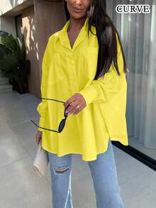 Plus Size Women's Solid Color Collared Button-Up Shirt Spring - Yellow - View 3