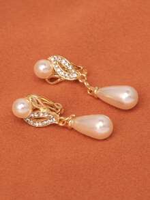 European And American Fashion Full Drill Water Drop Shape Pearl Clip-On Earrings And Earring Set For Women's Party, Bridal Earrings In Gold And Silver, Sold As Pair - Gold - View 3