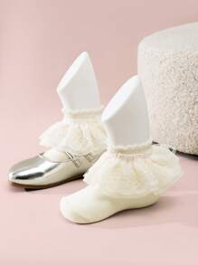 1/5 Paar Mädchen Kinder Lässig beige Spitzen Volants Socken, atmungsaktiv, Prinzessinnenstil, geeignet für den täglichen Gebrauch, Frühling/Sommer