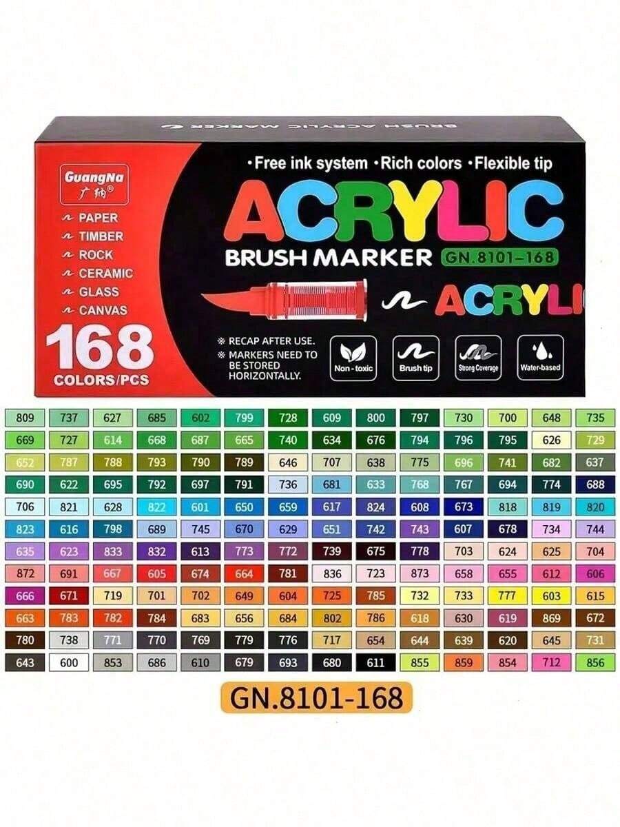 GuangNa 168 Colors Acrylic Marker Pens, Soft Tip, Non-Press, Student ...