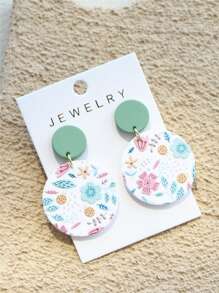 1 Pair Women Elegant Cute Floral & Grass Print Random Pattern Acrylic Round Dangle Earrings, Ceramic Texture