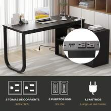 Mesa de estudio reversible con 2 estantes y toma de corriente - Negro - Ver 3