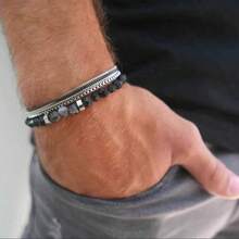 2pcs/Set Minimalist Stylish Chain & Bead Bracelet Set, Men's Date/Holiday/Everyday Accessory, Unisex Design - Multicolor - View 1