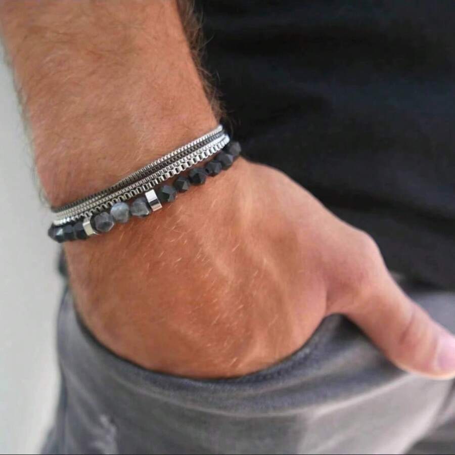 2pcs/Set Minimalist Stylish Chain & Bead Bracelet Set, Men's Date/Holiday/Everyday Accessory, Unisex Design - Multicolor - View 1