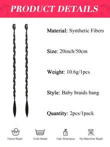 2 PCS Braid Hair Extensions, Clip In Hair Extensions Black Baby Braids Front Side Bang Curtain Bang Long Braided Hair Piece Natural Soft Synthetic Hair Sleek Looking Hair Extensions For Women Perfect For Halloween Music Festival Costumes And Daily Wear 20 Inch - Multicolor - View 5