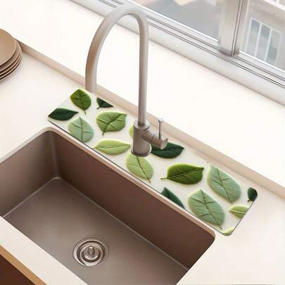 1 pieza Alfombrilla secadora de vajilla con estampado de hojas verdes, alfombrilla antihumedad para cocina y baño, alfombrilla absorbente para grifo de baño, decoración de cocina y mesa, adecuada para regalos festivos, se puede dar como regalo