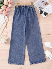 1pc Girls' Loose Jeans, Straight Leg Casual Denim Pants With Elastic Waist, Fake Pockets, Versatile For All Seasons - Dark Wash - View 2