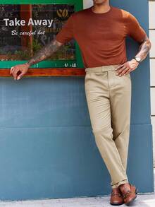 Runcati Men's Slim Fit Stretch Cotton Chinos Pants Flat-Front Skinny Dress Suit Slacks - Màu be - Xem 2