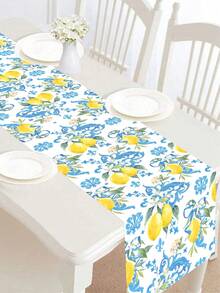 1pc Lemon Pattern Table Runner, Eucalyptus Leaf Lemon Daisy Print, Rectangular Farmhouse Style Home Kitchen Decor Tablecloth, Minimalist And Elegant, Suitable For Home Kitchen Decor, Event Party Decor, Summer Decor - Lemon B - View 2