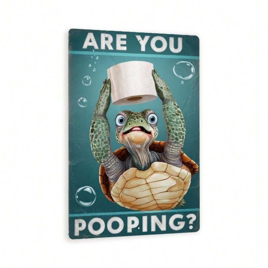 1 Pcs 8" X 12" Funny Sea Turtle Bathroom Sign – "Are You Pooping?" – Humorous Wall Art With Toilet Paper And Floating Bubbles – 8"X 12" Teal Metal Sign - default - View 1