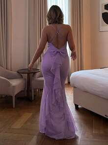 Elegant Spaghetti Strap Backless Bowknot Bodycon Dress, Party Dress, For Cocktail - Purple - View 6