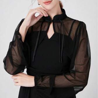 1pc Women's Black Lightweight Breathable See-Through Elegant Bolero Shawl, Detachable Dickey Peter Pan Collar, Chiffon Flowy For Summer