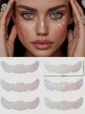 6 ark glitterfräknar holografiska klistermärken hjärtfräkntatueringar glitterklistermärken vattentäta tillfälliga tatueringar med glittrigt stjärnhjärtprickmönster för vuxna accessoarer för fest festival daglig smink