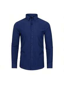 Camisa elástica de cuatro lados para hombre, camisa fina de negocios simple antiarrugas sin hierro para hombre - Azul Marino - Ver 1