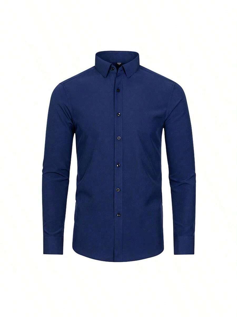 Camisa elástica de cuatro lados para hombre, camisa fina de negocios simple antiarrugas sin hierro para hombre - Azul Marino - Ver 1