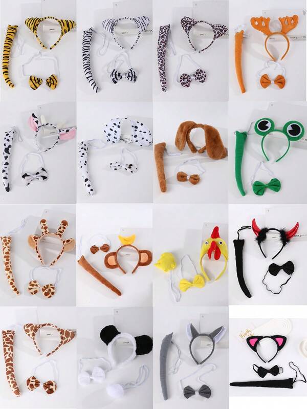 3pcs/Set Costume Decoration Performance Headband, Tie, Tail - Cartoon Animals: Cow, Rabbit, Tiger, Monkey, Puppy,Hairband,Hair Hoop Headbands