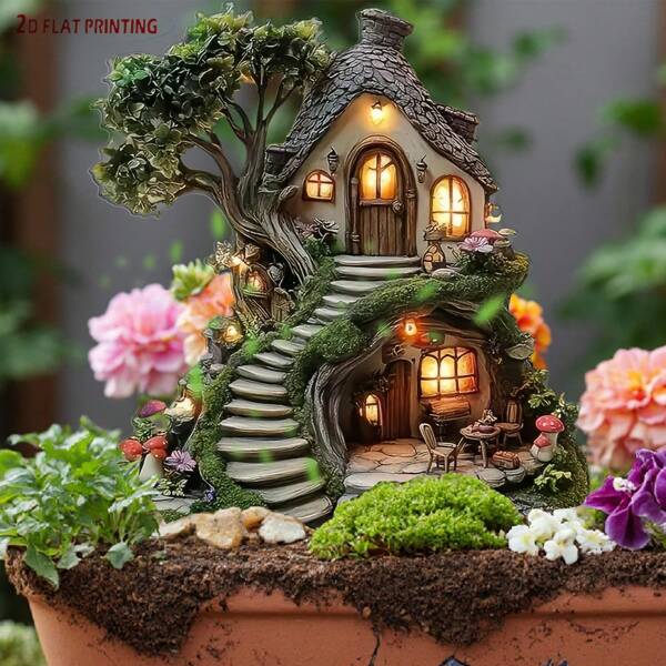 Fairy Treehouse Garden Stake - 2D Acrylic Outdoor Decor (12x8in/30x20cm) For Potted Plants, Flower Beds & Landscape Design - Unique Anniversary Gift, Weatherproof Yard Art