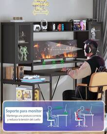 Escritorio Gamer Para Pc 190cm Con Luces, Enchufes, Estantes - Negro - Ver 6