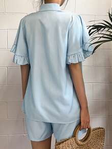 Country Spring Summer Urban Modern Casual Ruffle Cuffs Short Sleeve Button Solid Color Shorts Cardigan Shirt Two Pieces Set - Blue - View 3