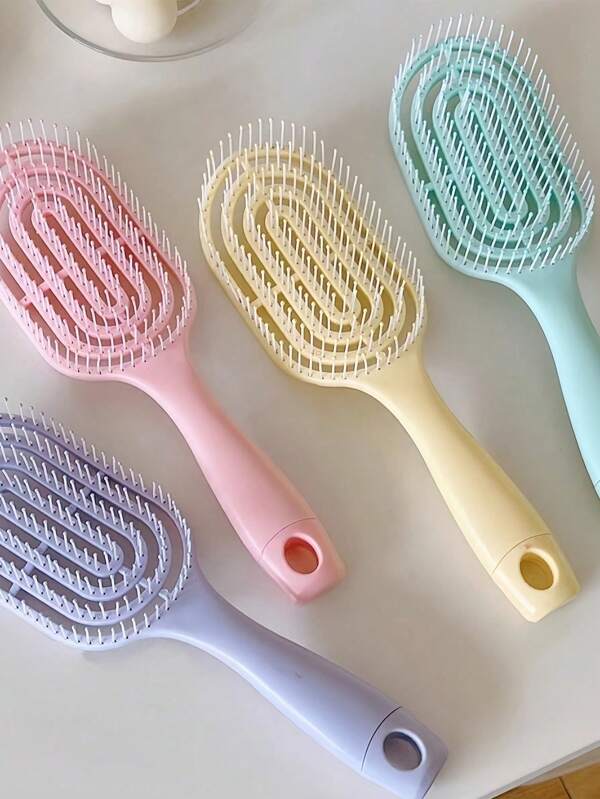 1pc Macaron Color Hollow Back Massage Hair Brush, Suitable For Wet & Dry Hair, Fluffy Styling
