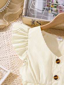 Left Mama Tween Girl 清新条纹盖袖 V 领收腰连衣裙，夏季 - 卡其色 - 查看 4