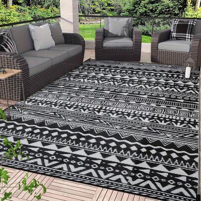 Boho Outdoor Rug 5x7 FT Waterproof & Non-Slip, Lightweight Reversible Patio Carpet For Garden, Balcony, Camping – Easy Clean Geometric Pattern, Beige & Navy Striped Design, Indoor/Outdoor All-Weather Use