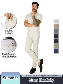 Men's Solid Color Lightweight Cotton Blend Dress Pants - Summer Business Casual Chinos, Straight Leg, Classic , Perfect For Office & Casual Attire - Màu be - Xem 3