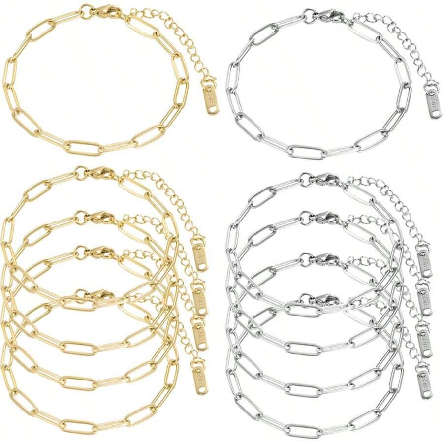10pcs/Set Stainless Steel Adjustable Paper Clip Chain Bracelet Kits With Lobster Clasp, Suitable For DIY Jewelry Making (Gold + Silver) - Star - View 1