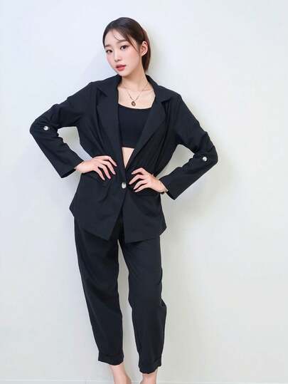 Conjunto natural de lino para mujer - Pantalones cortos con bolsillos funcionales y mangas enrolladas, traje transpirable para un estilo de transición casual