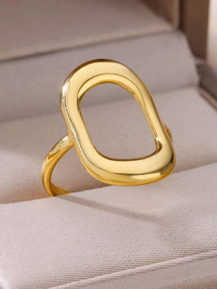 1pc Minimalist Hollow Ellipse Stainless Steel Adjustable Open Ring, Suitable For Daily Wear - JZ5607G - View 1