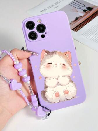 1pc Purple TPU Cute Cat Pattern Shockproof Phone Case And 1pc Purple Heart Beaded Wrist Strap, Compatible With Apple/Android///OPPO Phones Waterproof Anti-Fall Scratch Resistant