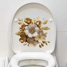1pc Flower Decorative Toilet Sticker, Bi-Color Gold & White, Multi-Styles Available, Suitable For Various Scenarios Stickers Personalised Stickers - Color - View 8