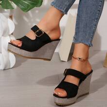 Women's Platform Sandals Fashion Hollow-Out Buckle Closure Wedge Heel Beach Outdoor Summer Straw Woven Bottom Shoes