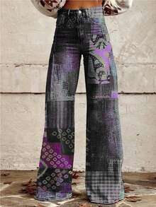 Women's Retro Wide Leg Pants Fashionable High Waist Casual Floral Print Loose Waist Pants - Màu tím - Xem 5