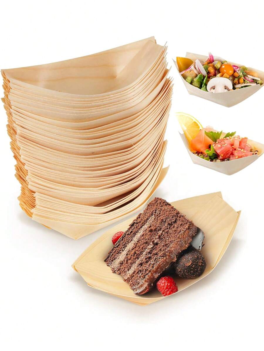 5.5 Inch Large Bamboo Serving Platter - 15/50/100 Pcs, Sushi Boat Shaped Tray, Wooden Paper Plate, Bamboo Container, Bamboo Bowl, Appetizer Plate, Burrito Plate, Kitchen Accessories - Yellow - View 1