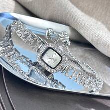 1pc Women's Luxury Rhinestone Adjustable Chain Quartz Watch With Square Metal Case, High-End Elegant - Silver - View 3