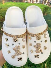 Set de 20 piezas Decoración con cadena de oso dorado de rhinestone completo para zapatos de jardín DIY, accesorios extraíbles para sandalias/pantuflas de estilo campus, adecuado para todas las temporadas y regalos festivos