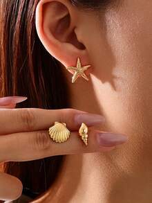3pairs Elegant Versatile Fashionable Summer Vacation Style European & American New Metallic Gold Starfish, Sea Shell, Sea Life Series Women Earrings Set, Suitable For Daily Commute, Beach Vacation, Party, Refined Jewelry Gift, Stylish Campus Items, Perfect For Best Friends - 3 Pairs Of Earrings Set - View 2