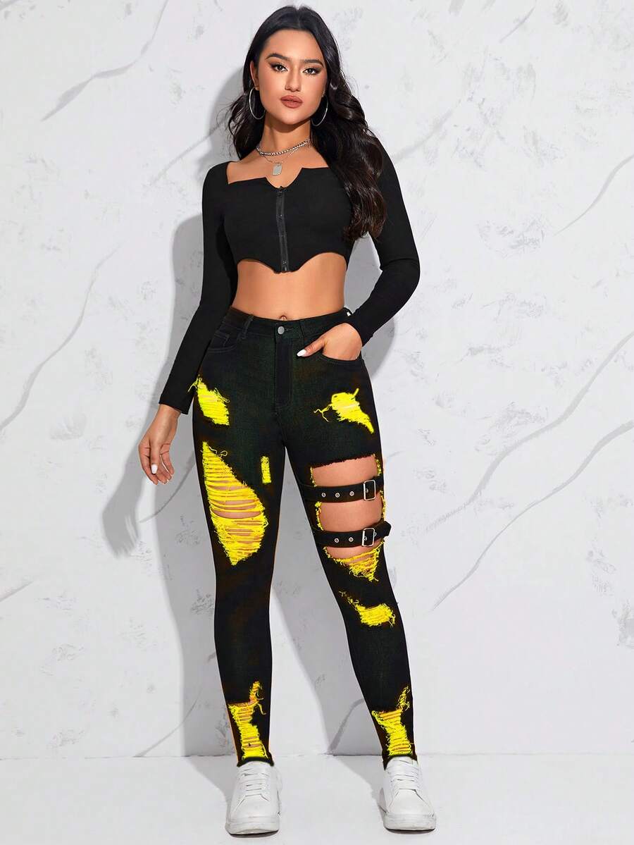 STLY 新款秋冬弹力腰紧身裤，高腰设计，撞色拼接，双腰带装饰，时尚高街朋克摇滚都市风格不对称破洞牛仔裤 - 金色 - 查看 1