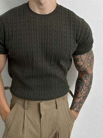 男女通用春夏新款轻盈奢华圆领纹理针织短袖T恤