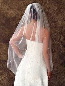 1 pieza Velo de novia estilo catedral con perlas, adecuado para bodas, fotografía, accesorios de fiesta, accesorios de oficina de registro con peine, ropa de otoño para mujeres - V130 - Ver 4