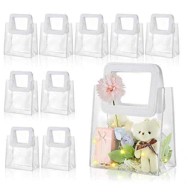 10pcs White Bag With Square-Shaped Handles, Reusable Transparent Plastic Gift Packaging Bag, Bridal Party, Clear Gift Bag, Heart Shape, Anniversary, Valentine's, Mother's Day GiftsHandmade Gift Box Candy Chocolate Bags Decoration