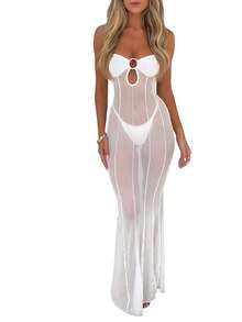 Womenacute;S Summer Mesh Tube Top Dress Solid Color Low Cut See Through Strapless Bodycon Long Dress - trắng - Xem 2