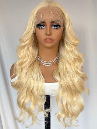 13X6 蕾丝前假发，带婴儿发丝，铂金色，26 英寸长波浪形合成蕾丝前假发，适合女士高温纤维日常派对使用